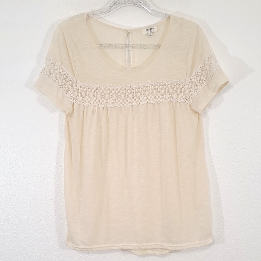 UMGEE Pale Yellow Lace Embellished Flowy Marled Lightweight Top, size Small